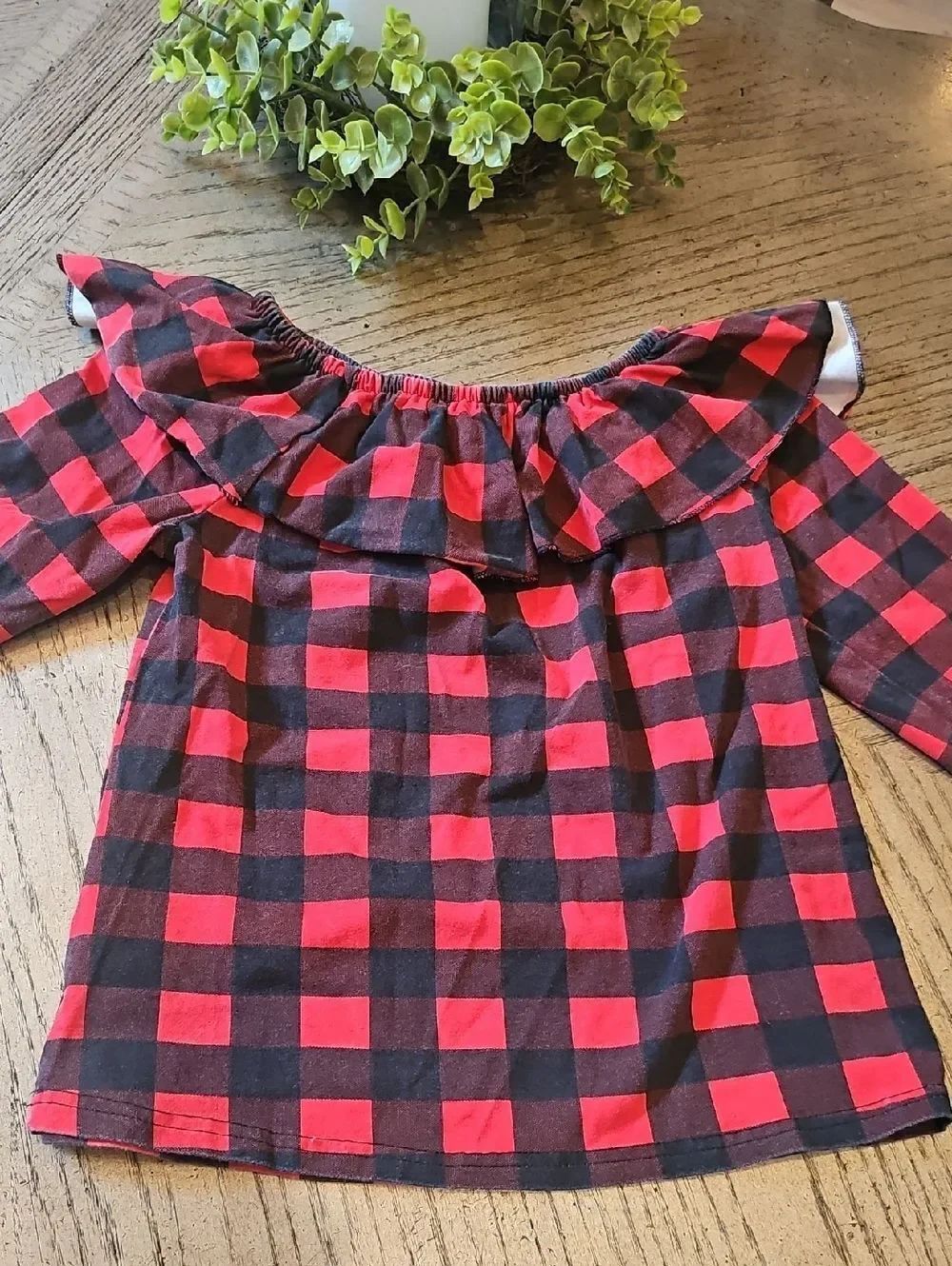 Girls' Red & Black Buffalo Plaid Ruffle Neck Top Size 16